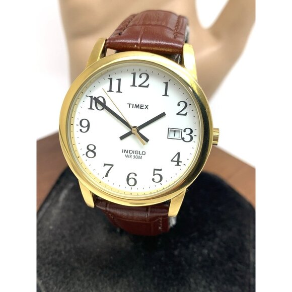 Timex Men's Watch T2H301 Quartz Indiglo White Dial Date Gold Brown Leather 35mm - Picture 1 of 14